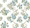 Introducing the Genevieve Floral Trail Wallpaper by York Wallcoverings, showcasing a vintage and ornate seamless pattern of blue, yellow, and white flowers intertwined with green leaves and delicate vines on a cream background.