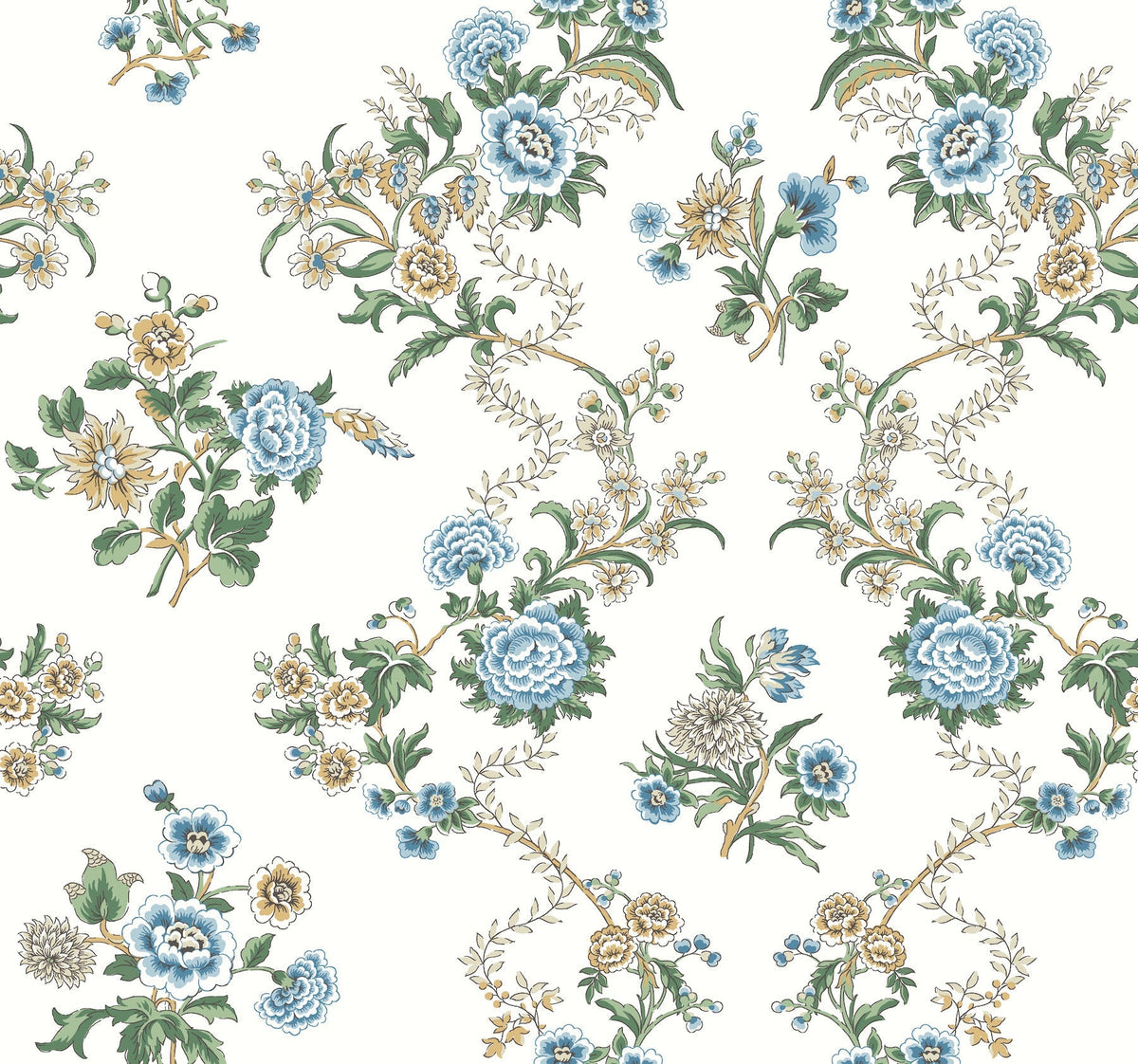 Introducing the Genevieve Floral Trail Wallpaper by York Wallcoverings, showcasing a vintage and ornate seamless pattern of blue, yellow, and white flowers intertwined with green leaves and delicate vines on a cream background.