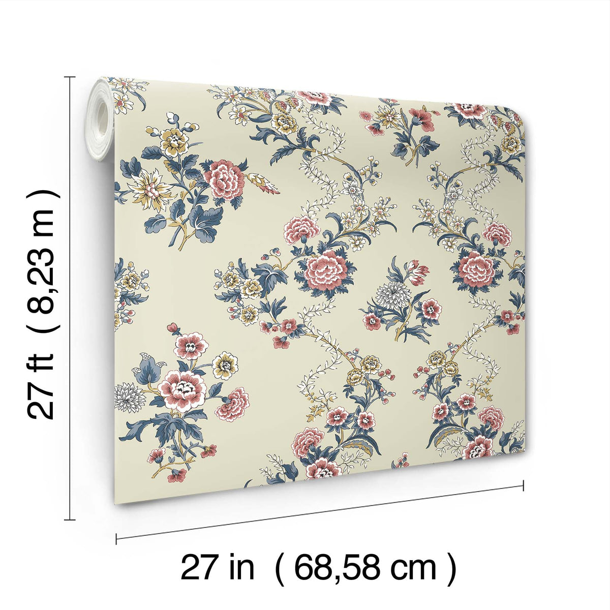 Genevieve Floral Trail Wallpaper by York Wallcoverings features a cream background adorned with pink, blue, and yellow flowers. Each roll measures 27 feet long and 27 inches wide (8.23 m x 68.58 cm).