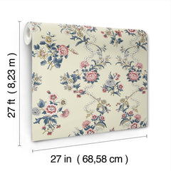 Genevieve Floral Trail Wallpaper by York Wallcoverings features a cream background adorned with pink, blue, and yellow flowers. Each roll measures 27 feet long and 27 inches wide (8.23 m x 68.58 cm).