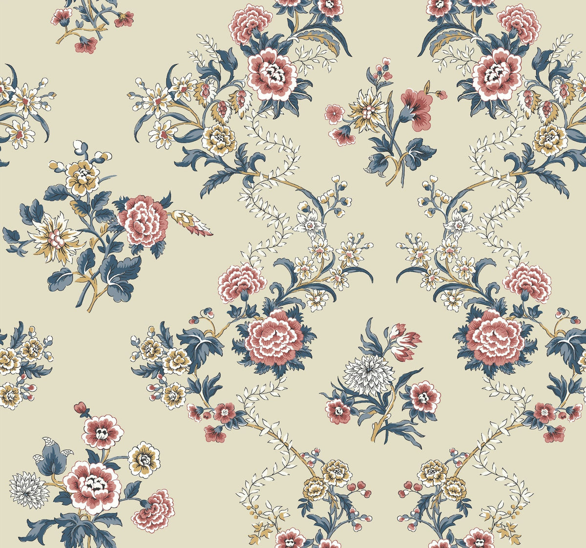 The Genevieve Floral Trail Wallpaper by York Wallcoverings features a beige background adorned with an ornate, vintage-inspired symmetrical floral pattern showcasing red, pink, white, and yellow flowers accented by green and blue leaves.