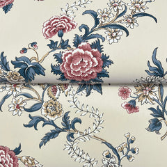 Genevieve Floral Trail Wallpaper by York Wallcoverings features a cream-colored background adorned with an intricate vintage floral pattern of large pink and red peonies, blue leaves, and small yellow and white flowers in a repeating design.