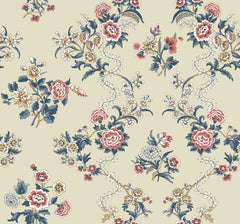 The Genevieve Floral Trail Wallpaper by York Wallcoverings features an ornate and symmetrical vintage-inspired design, showcasing red, white, and yellow flowers with green leaves and winding vines set against a light beige background.