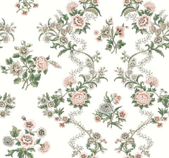 Enhance your space with the Genevieve Floral Trail Wallpaper by York Wallcoverings, featuring a seamless vintage pattern of delicate pink and white flowers, green leaves, and intricate vines on a light background for an elegant and classic look.