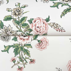 Genevieve Floral Trail Wallpaper by York Wallcoverings features a white background adorned with pink, white, and green flowers and leaves. The floral pattern repeats seamlessly across overlapping seams.