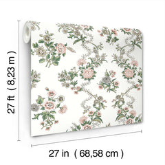 A roll of Genevieve Floral Trail Wallpaper by York Wallcoverings, featuring a floral pattern with pink and green flowers, unrolled to showcase the design. The dimensions are 27 feet by 27 inches (8.23 meters by 68.58 centimeters).