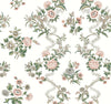 Transform your space with the Genevieve Floral Trail Wallpaper by York Wallcoverings, featuring a seamless vintage-inspired pattern of pink, cream, and green flowers, leaves, and vines on a light background for an elegant and delicate touch.