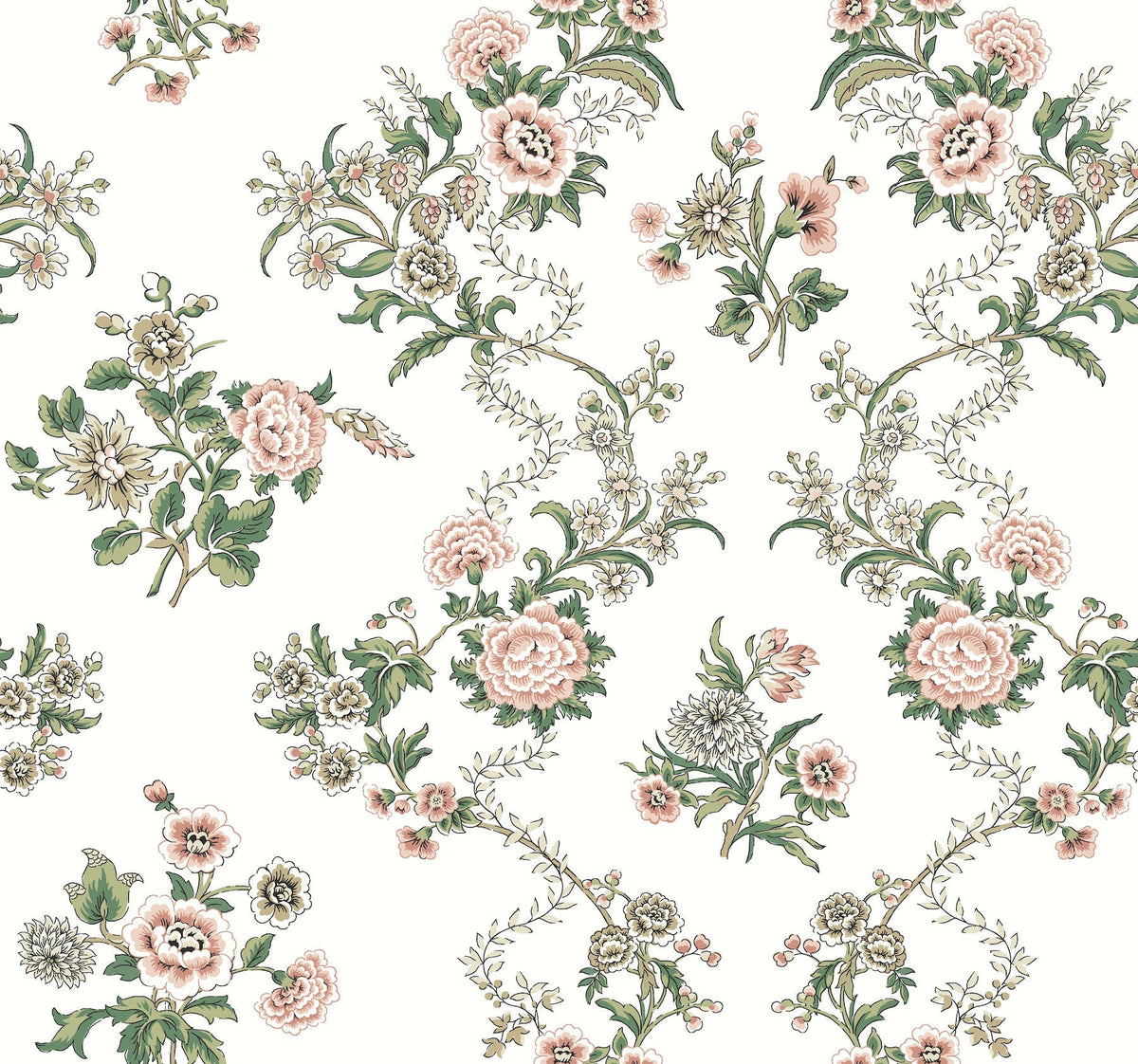 Transform your space with the Genevieve Floral Trail Wallpaper by York Wallcoverings, featuring a seamless vintage-inspired pattern of pink, cream, and green flowers, leaves, and vines on a light background for an elegant and delicate touch.