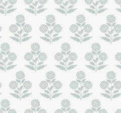 Souci Marigolds Wallpaper by York Wallcoverings features a seamless pattern of stylized light gray floral motifs with symmetrical blooms and leaves, evenly spaced on a white background. This design creates a repeating and elegant botanical look.