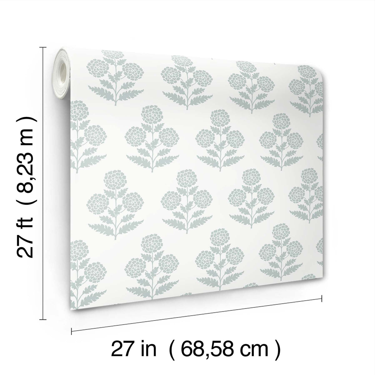 The Souci Marigolds Wallpaper by York Wallcoverings features a gray floral pattern. The roll measures 27 feet (8.23 meters) in length and 27 inches (68.58 cm) in width, and is displayed against a white background.