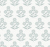 Souci Marigolds Wallpaper by York Wallcoverings features a repeating pattern of light gray stylized floral motifs with flowers and leaves on a white background, arranged in evenly spaced vertical and horizontal rows.