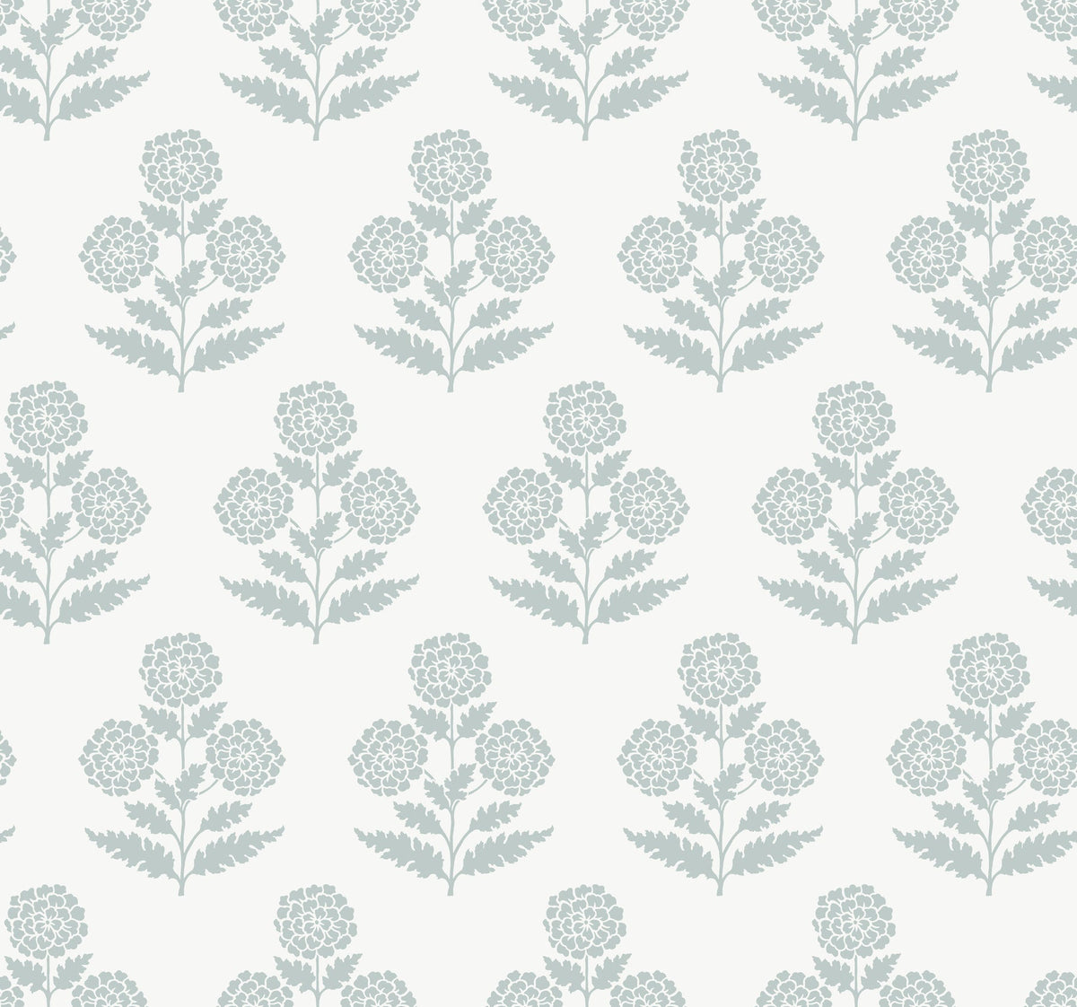 Souci Marigolds Wallpaper by York Wallcoverings features a repeating pattern of light gray stylized floral motifs with flowers and leaves on a white background, arranged in evenly spaced vertical and horizontal rows.