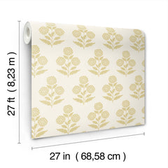 A roll of York Wallcoverings Souci Marigolds Wallpaper featuring a yellow floral pattern, measuring 27 feet (8.23 m) in length and 27 inches (68.58 cm) in width, as indicated by labeled arrows beside and below the roll on a white background.