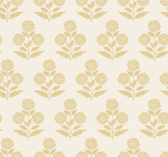 Souci Marigolds Wallpaper by York Wallcoverings features a seamless pattern of stylized yellow marigold flowers with leaves, evenly spaced across a cream background. This floral design repeats in tidy rows, bringing a classic, vintage-inspired charm to any space.