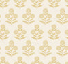 Souci Marigolds Wallpaper by York Wallcoverings features a seamless pattern of yellow floral motifs with stylized flowers and leaves, arranged in evenly spaced rows on a light beige background.