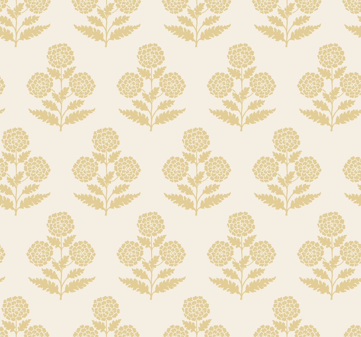 Souci Marigolds Wallpaper by York Wallcoverings features a seamless pattern of yellow floral motifs with stylized flowers and leaves, arranged in evenly spaced rows on a light beige background.