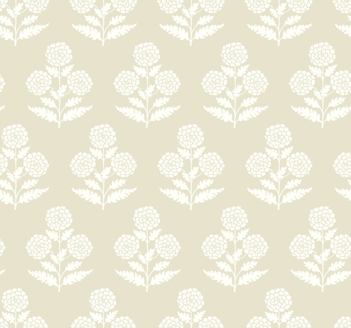 Featuring a beige background, the Souci Marigolds Wallpaper by York Wallcoverings showcases a repeating pattern of white floral motifs with clusters of round marigold blooms and leafy stems, creating a soft, vintage wallpaper effect.