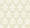 Souci Marigolds Wallpaper by York Wallcoverings features a repeating pattern of stylized white marigold silhouettes with stems and leaves against a light beige background, creating an evenly spaced, vintage wallpaper effect.