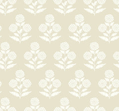 Souci Marigolds Wallpaper by York Wallcoverings features a repeating pattern of stylized white marigold silhouettes with stems and leaves against a light beige background, creating an evenly spaced, vintage wallpaper effect.