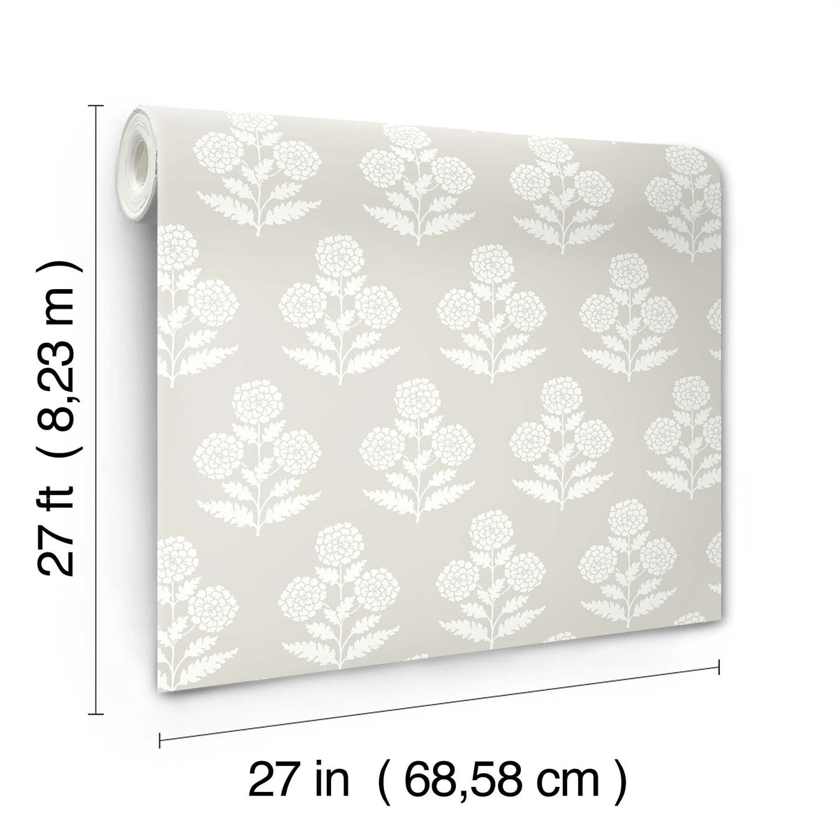 A roll of Souci Marigolds Wallpaper by York Wallcoverings in beige, featuring a white floral pattern. Each roll measures 27 feet (8.23 meters) long and 27 inches (68.58 centimeters) wide.