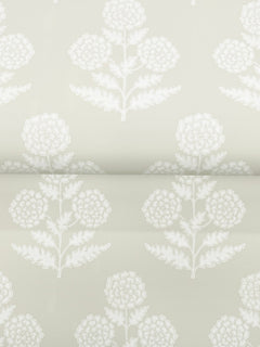 Souci Marigolds Wallpaper by York Wallcoverings features a light grey background with a repeating white floral pattern of detailed flowers and leaves arranged in rows. A visible seam runs horizontally through the center of the image.