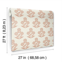 The Souci Marigolds Wallpaper by York Wallcoverings is shown, featuring a pink floral pattern. The roll measures 27 feet (8.23 m) in length and 27 inches (68.58 cm) in width.