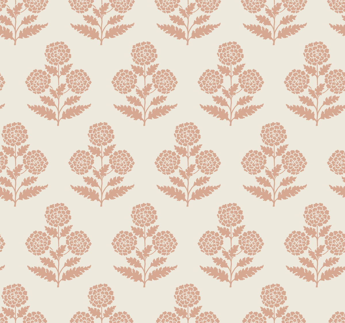 Souci Marigolds Wallpaper by York Wallcoverings features a seamless pattern of stylized, symmetrical pink marigold flowers with leaves, arranged in evenly spaced rows and columns on a light beige background.