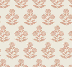 Souci Marigolds Wallpaper by York Wallcoverings features a seamless pattern of stylized, symmetrical pink marigold flowers with leaves, arranged in evenly spaced rows and columns on a light beige background.