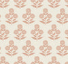 Souci Marigolds Wallpaper by York Wallcoverings features a seamless pattern of stylized, symmetrical peach floral motifs with stems and leaves on a light cream background, repeating evenly across the design.