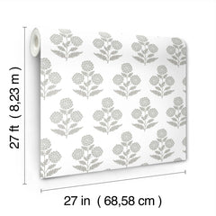 A roll of Souci Marigolds Wallpaper by York Wallcoverings, featuring a repeating gray floral pattern on a white background, measures 27 feet in length and 27 inches (68.58 cm) in width.