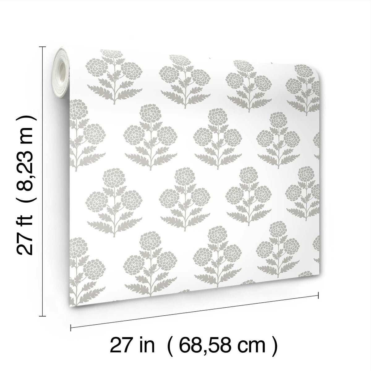 A roll of Souci Marigolds Wallpaper by York Wallcoverings with a gray floral pattern is unrolled, displaying dimensions of 27 feet (8.23 m) in length and 27 inches (68.58 cm) in width.