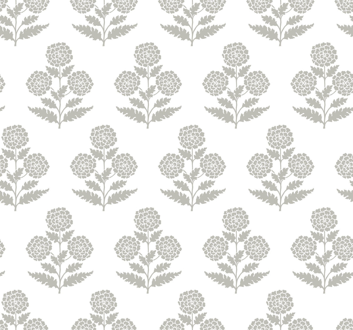 Souci Marigolds Wallpaper by York Wallcoverings features a seamless pattern of stylized gray floral motifs, including round flower clusters and leafy stems, evenly spaced on a white background. The design repeats in neat vertical and horizontal rows.