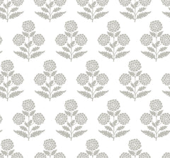 Souci Marigolds Wallpaper by York Wallcoverings features a seamless pattern of stylized gray floral motifs, including round flower clusters and leafy stems, evenly spaced on a white background. The design repeats in neat vertical and horizontal rows.