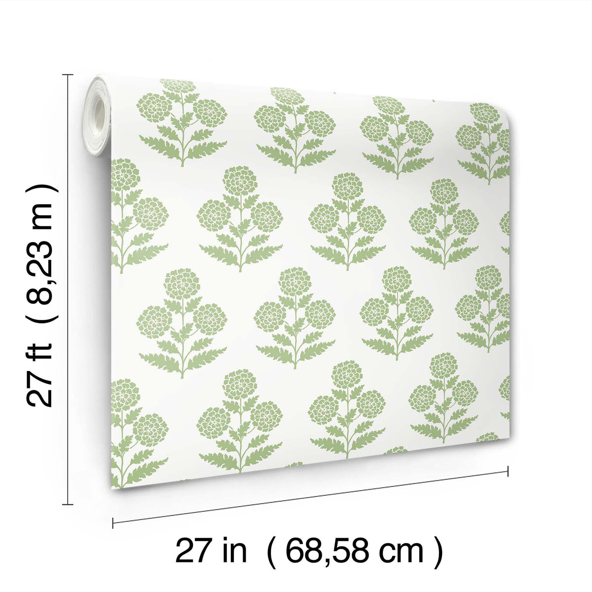 The Souci Marigolds Wallpaper by York Wallcoverings features a green floral pattern on a white background and comes in rolls measuring 27 feet (8.23 meters) long and 27 inches (68.58 centimeters) wide.