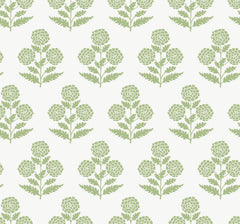 Souci Marigolds Wallpaper by York Wallcoverings features a seamless pattern of green, stylized floral motifs with three round marigold clusters and leafy stems, evenly spaced on a white background.