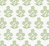 Souci Marigolds Wallpaper by York Wallcoverings features a repeating pattern of stylized green floral bouquets with rounded blossoms and fern-like leaves, evenly spaced on a white background.
