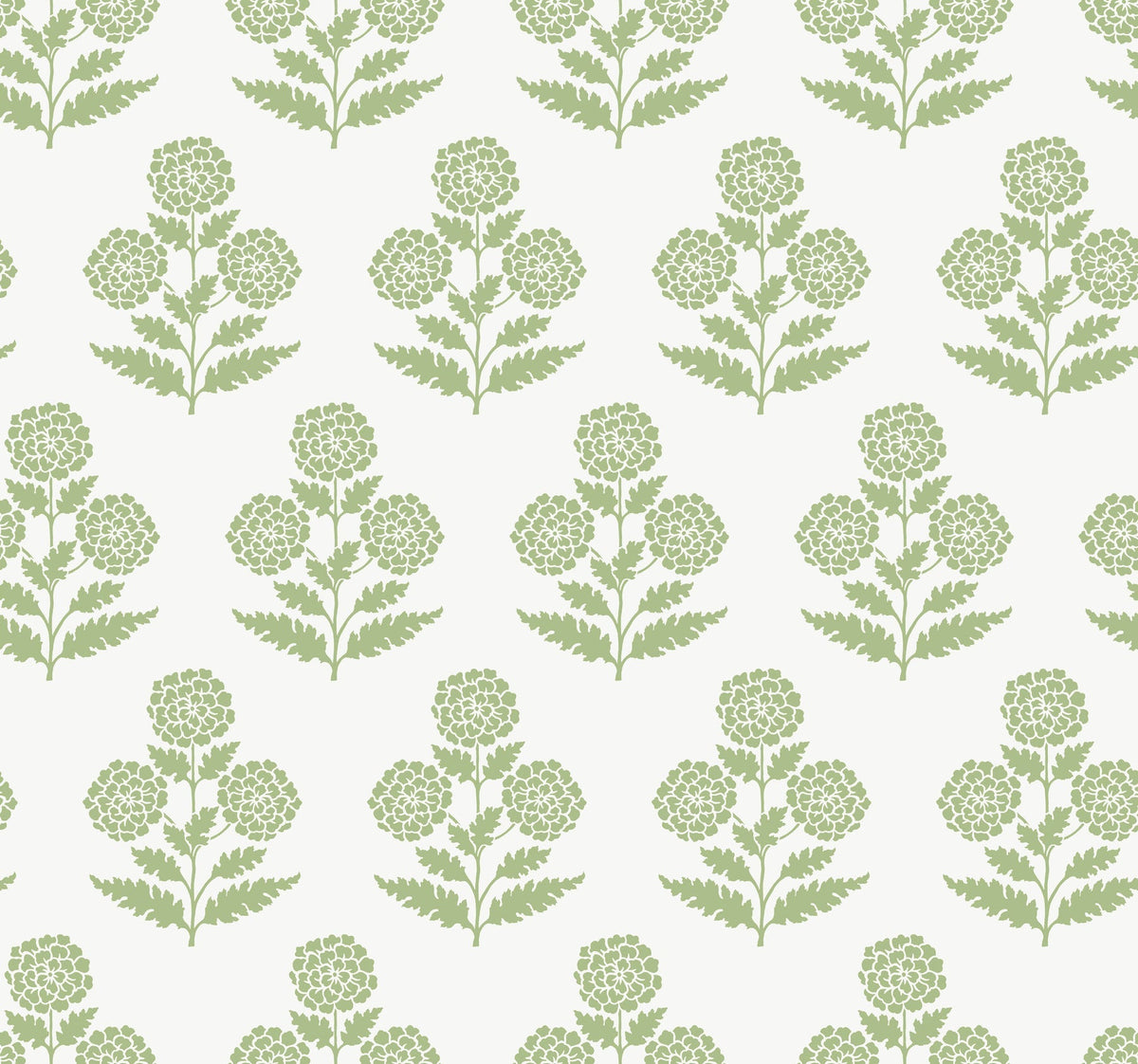 Souci Marigolds Wallpaper by York Wallcoverings features a repeating pattern of stylized green floral bouquets with rounded blossoms and fern-like leaves, evenly spaced on a white background.