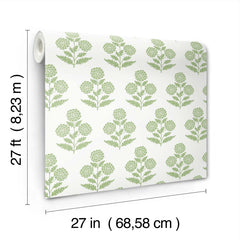 The Souci Marigolds Wallpaper by York Wallcoverings features a green floral pattern on a white background and comes in rolls measuring 27 feet (8.23 m) long and 27 inches (68.58 cm) wide.