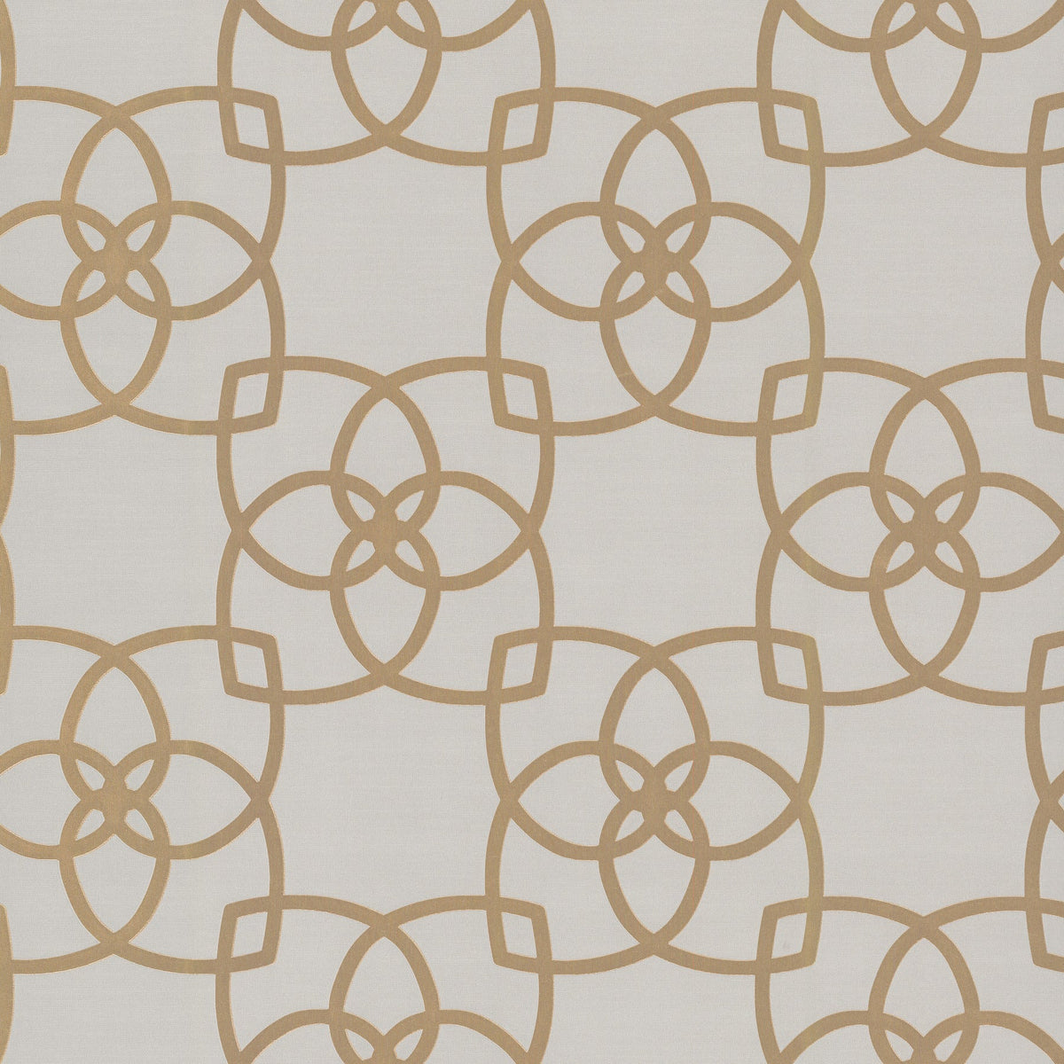 The Serendipity Wallpaper by York Wallcoverings features a symmetrical and repetitive pattern of interlocking tan geometric shapes forming a floral motif on a crisp white background, offering a modern and elegant look.