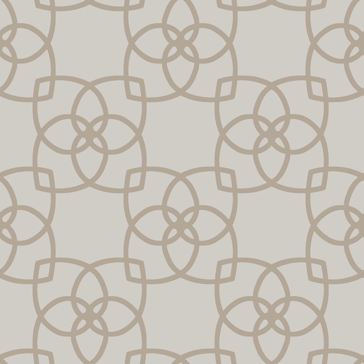 Serendipity Wallpaper by York Wallcoverings features a seamless pattern of interlocking beige geometric shapes forming circles and squares on a white background, creating a symmetrical and repeating floral-like motif.