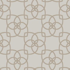 Serendipity Wallpaper by York Wallcoverings features a seamless pattern of interlocking beige geometric shapes forming circles and squares on a white background, creating a symmetrical and repeating floral-like motif.
