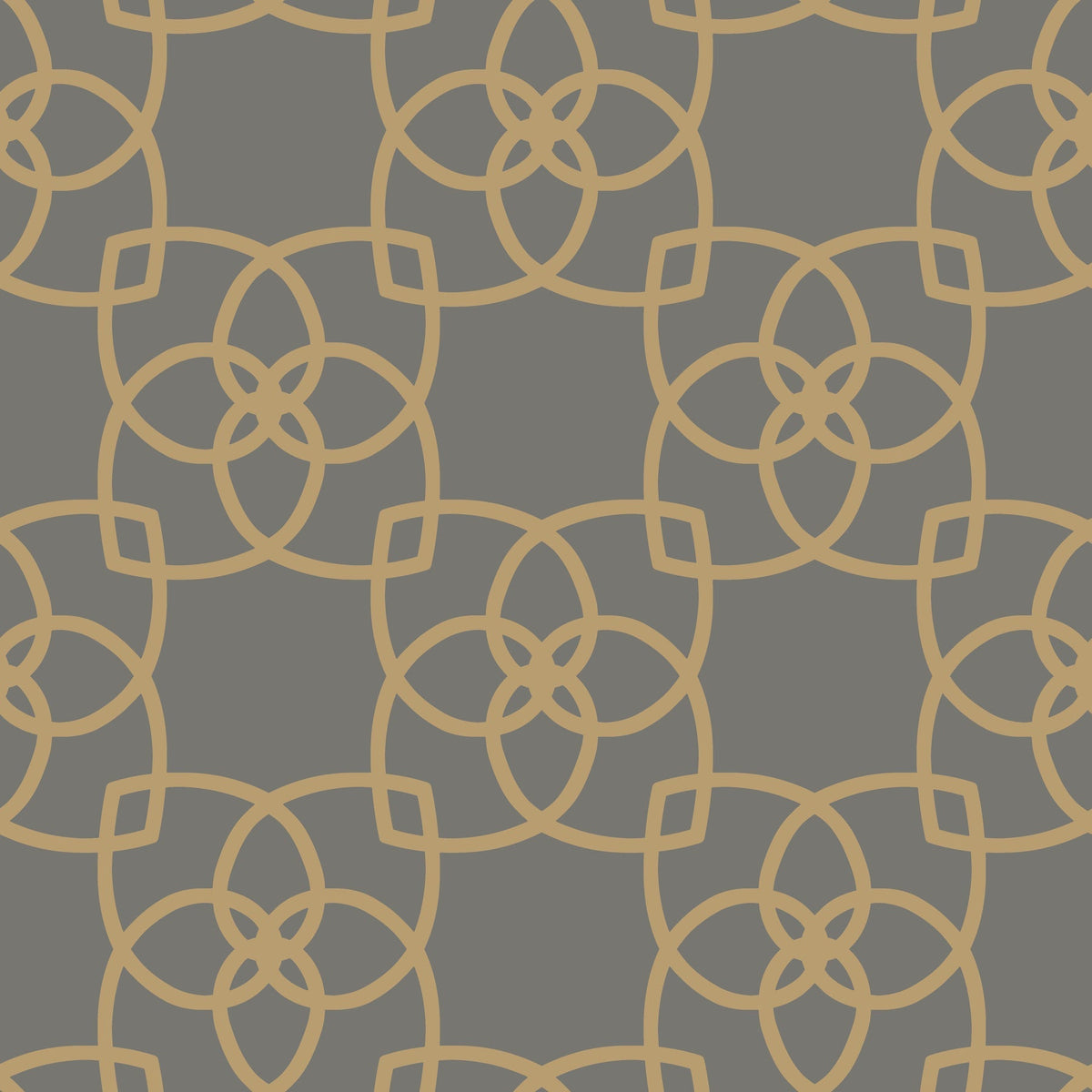 The Serendipity Wallpaper by York Wallcoverings features a symmetrical, seamless pattern of interlocking gold geometric shapes forming a floral motif on a dark gray background, creating a modern and decorative look.