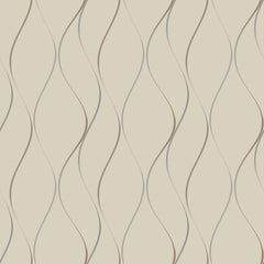 Transform your space with the Wavy Stripe Wallpaper from York Wallcoverings, featuring a beige background adorned with a repeating pattern of wavy, vertical lines in brown and gray hues for an abstract, flowing design.