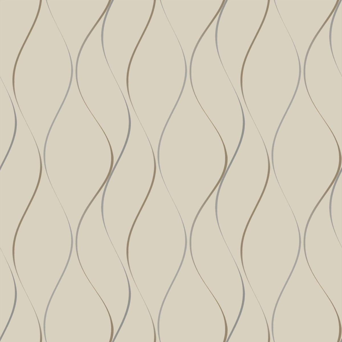 Wavy Stripe Wallpaper by York Wallcoverings features a beige background adorned with a repeating pattern of abstract, flowing wavy vertical lines in light brown and gray.
