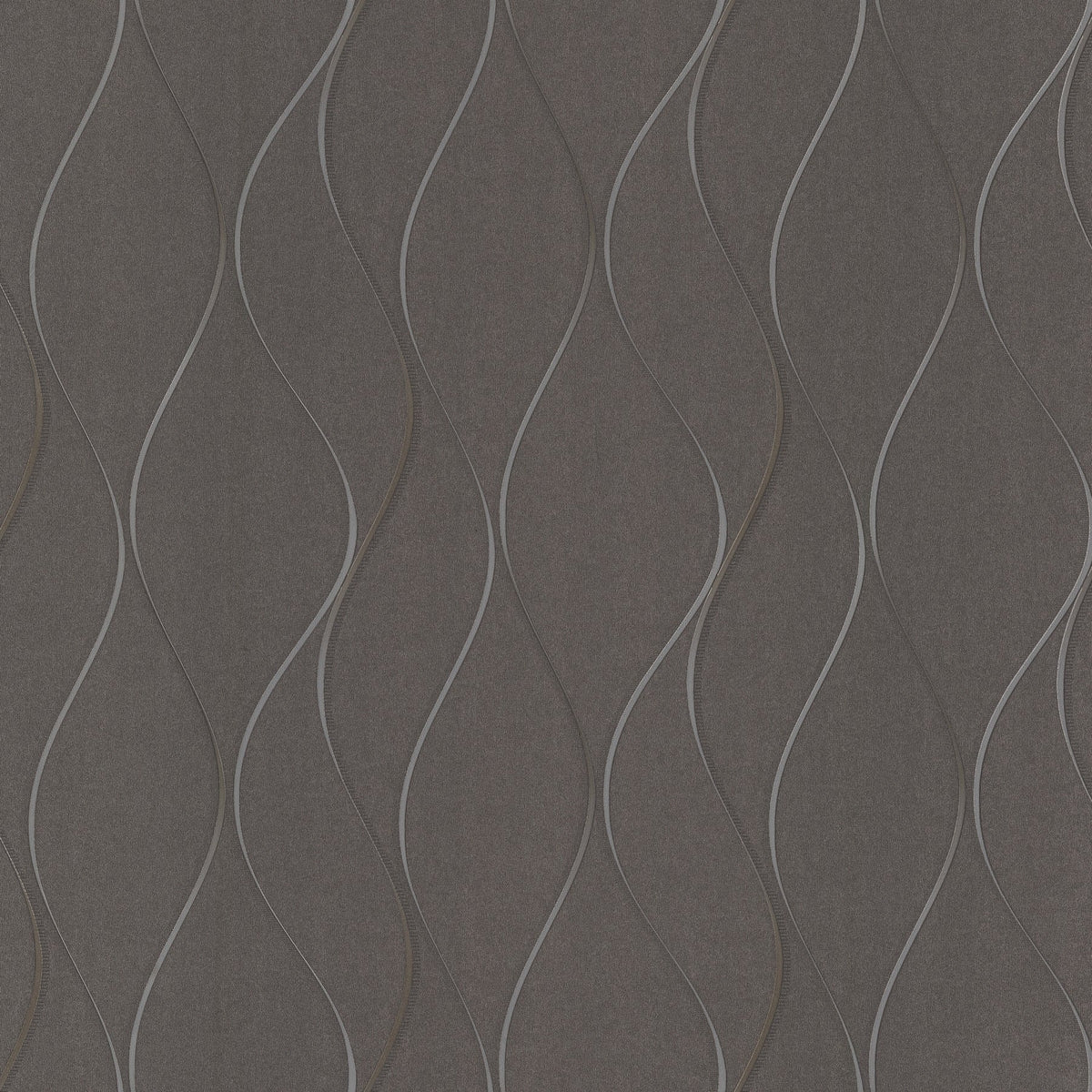The Wavy Stripe Wallpaper by York Wallcoverings features a dark background accented with thin, wavy vertical lines in varying shades of gray and brown, creating a repeating abstract pattern.