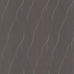 Wavy Stripe Wallpaper by York Wallcoverings features a dark gray background adorned with thin, wavy vertical lines in light gray and brown, creating a repetitive, flowing abstract pattern.