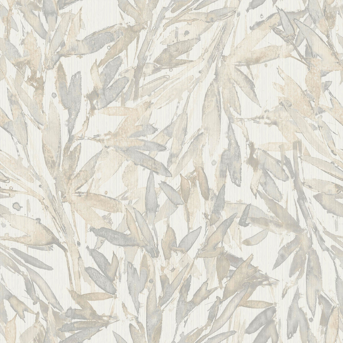 Rainforest Leaves Wallpaper by York Wallcoverings features an abstract pattern of overlapping watercolor leaves in soft beige, gray, and cream hues on a white background, offering a light, natural, and textured look.